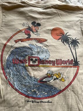 1980s Vintage Mickey Mouse Surf Graphic Tee - Cream Single Stitch Size Small